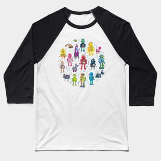 Robots in Space - bright retro robot circle Baseball T-Shirt